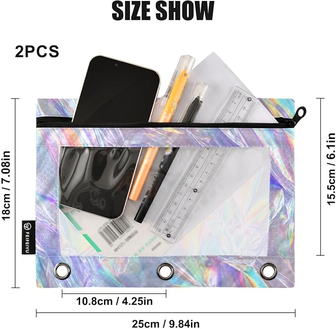 ALAZA Holographic Neon Iridescent Pattern Pencil Pouch for 3 Ring Binder 2 Pack Zipper Binder Pencil Bag Case with Clear Window Office Supplies