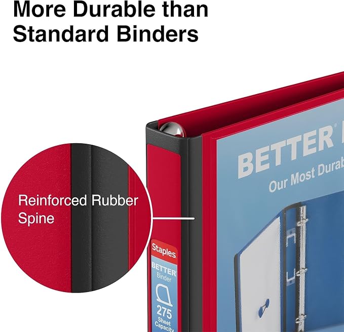 Staples 1-Inch 3-Ring Better Binder, Durable View Binder for Office & School Organization, Red, 3-Pack