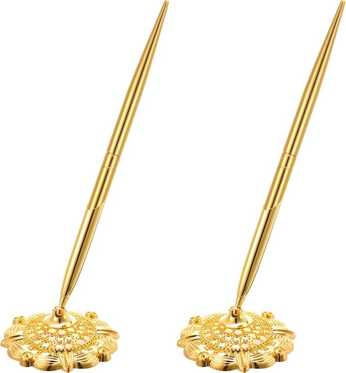 Outus 2 Pieces Wedding Pens for Guest Book Signing Pen with Metal Hollow Round Holder Stand Set for Wedding Bridal Engagement Reception Supplies(Gold)