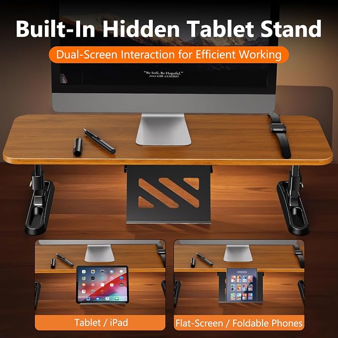 Ergonomic Wooden Monitor Stand Riser with Height Adjustable Button | One Touch Height Adjustable, Hidden Phone/Tablet Holder, Keyboard Storage Organizer, for Home Office Desktop