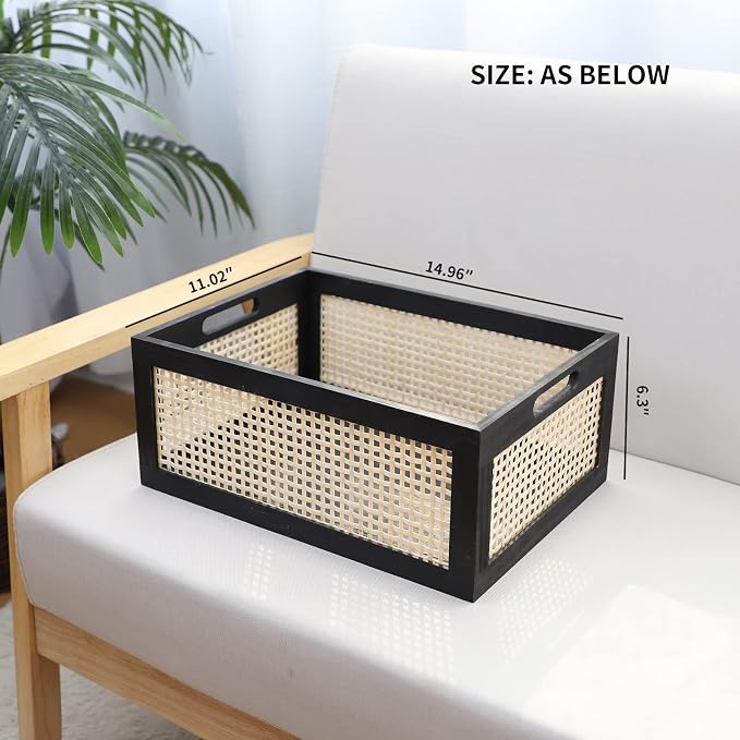 Black Wooden Basket, Rattan Storage Basket for Organizing, 14.96"x11.02"x6.30"