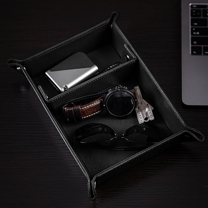 Valet Tray for Men PU Leather Tray Organizer with Partition Luxurious | Night Stand During Trays Storage Keys, Watch & Practical Storage for Table Nightstand Living Room Bedroom (Black)