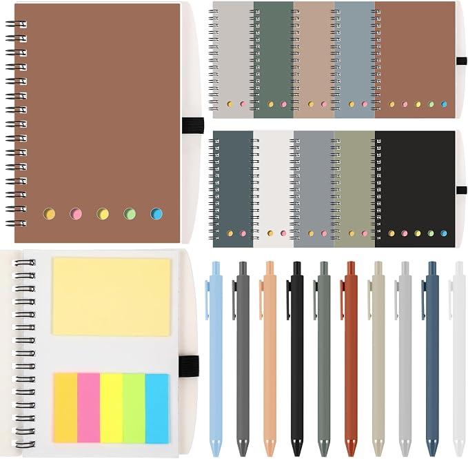 Chuangdi 50 Sets Lined Spiral Notebooks with Sticky Notes and Bamboo Pens, Back-to-school Gifts for Office Teachers Staff, Boho Notebook with Pen Bulk Gift (Neutral)