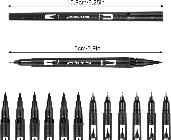 12 Pack Black Drawing Pens Felt Tip Brush Pen Fineliner Ink Pens Dual Tip Brushes Fineliners Pen Waterproof Calligraphy Marker for Art Drawing Watercolor Sketching Anime Beginners Scrapbooking