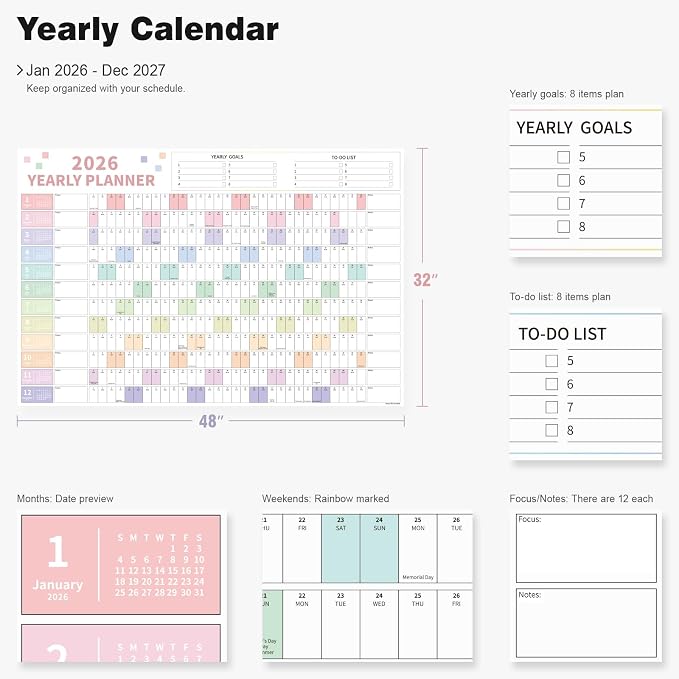 Ospelelf 2026-2027 Wall Calendar Large 32'' x 48'' Dry Erase Laminated Yearly Calendar for Wall, 24 Month Big Family Calendar, Use Jan 2026 - Dec 2027 (Multicolor)