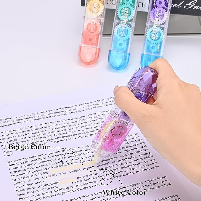 Temiary 4 Pcs 2 in 1 White & Beige Correction Tapes Pens, Gradient Color | Quick Dry White Smooth Pull Out Pen for Writing, Cute Tapes Easy to Use for Classroom Office Back to School Supplies