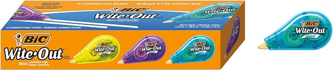 BIC Wite-Out Mini Correction Tape, White, No Dry Time, Long Lasting, 12-Count (Tape Body Colors May Vary)