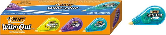 BIC Wite-Out Mini Correction Tape, White, No Dry Time, Long Lasting, 12-Count (Tape Body Colors May Vary)