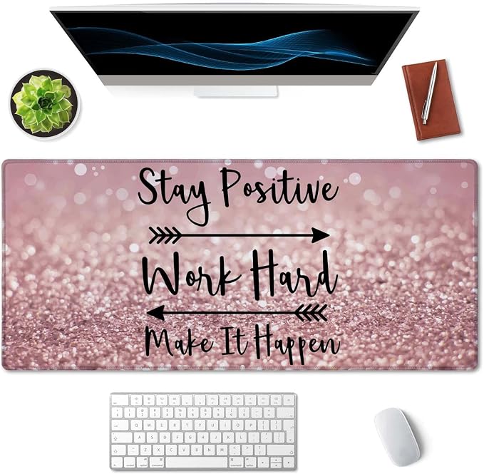 SSOIU Desk Mat, Extended Gaming Mouse Pad 35.5x15.7 in Stay Positive Work Hard and Make It Happen Inspirational Quotes Mouse pad Art Rose Gold and Silver Glitter Black Quote Large Non-Slip Mousepad
