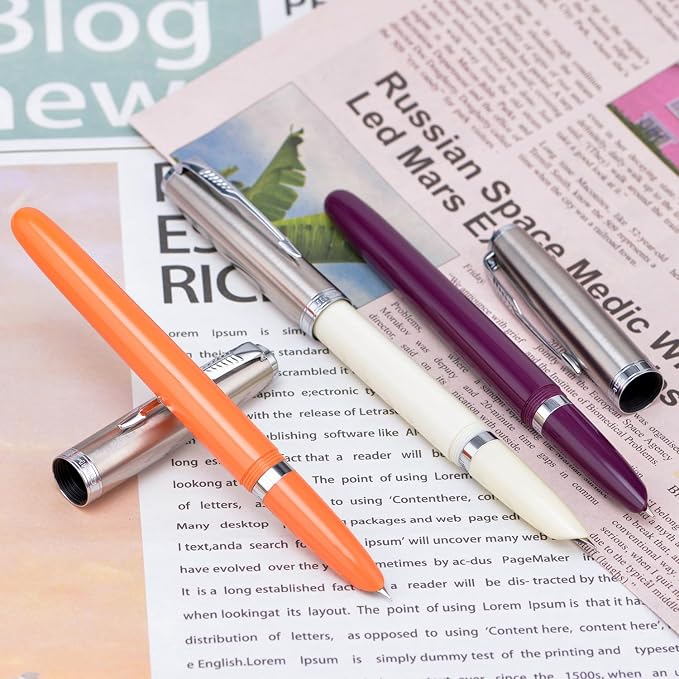 3 Jinhao 86 Fountain Pen Set (Orange, Purple and White Resin) Extra Fine Nib with Refillable Ink Converter