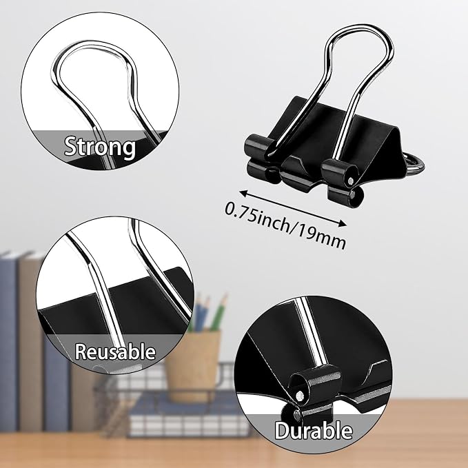 SANNIX 75 PCS Mini Binder Clips, 3/4 inch 19mm Binder Clips Black Paper Clamps Small Size for Office Home School