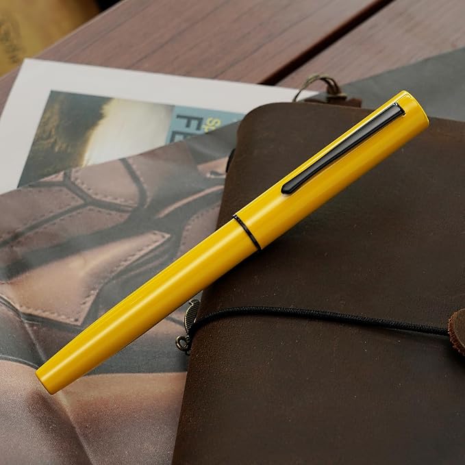 HONG DIAN C1 Fountain Pen Fine Nib, Lemon Yellow & Classic Retro Design Metal Pen with Ink Converter