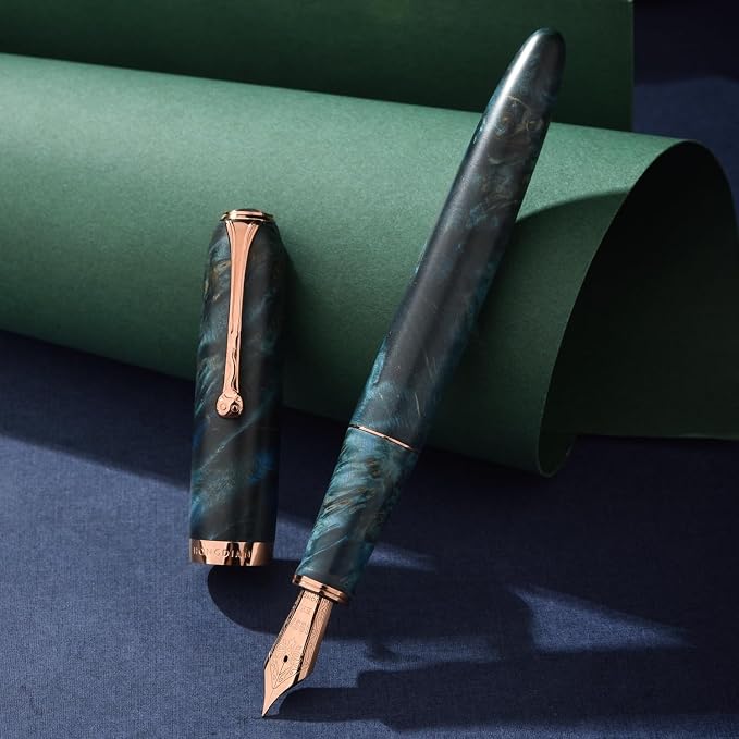 HONG DIAN A10 Stabilized Wood Fountain Pen, Fine Nib Chinese Knot Carving Handcraft Pen with Magnetic Cap and Metal Box Set (Galaxy Blue)