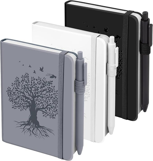 ALKALO 3 Pack Pocket Journaling Notebooks, A6 Small Notebook For Note Taking Journaling Notebooks Journals For Writing Mini Note Pads With Pen Holder 120 Pages 100 GSM Thick Paper(White, Gray, Black)