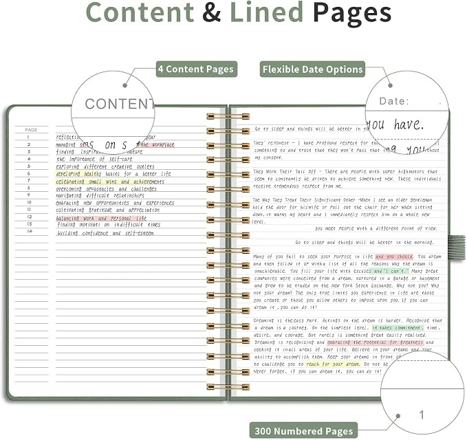 EMSHOI Lined Spiral Journal Notebook, 300 Numbered Pages, B5 (7.4"x10") | College Ruled, Leather Hardcover, 100 GSM Thick Paper, for School, Writing, Work, Office & Journaling (Light Green)