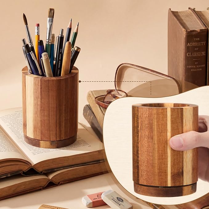 360° Rotating Pen & Pencil Holders Accessories 4.2" Acacia Wood Desktop Pencil Holder Containers Farmhouse Stationery Organizer Stand for Office Table Desk Accessory