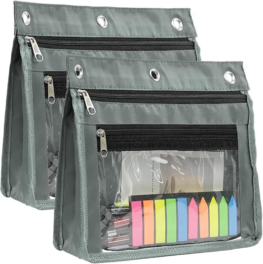 YoeeJob 2 Pack 1 Inch Expandable Zipper Pencil Pouches with Clear Window for 3 Ring Binder, Suitable for School & Office (Grey)