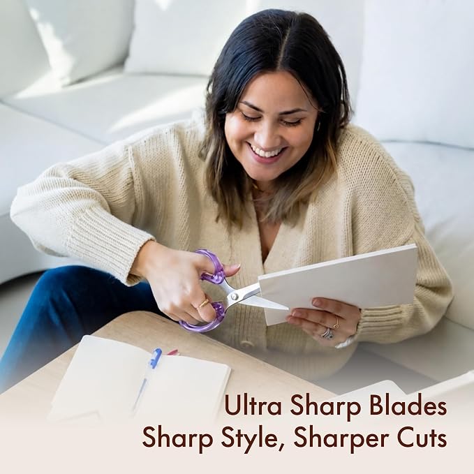 OfficeGoods 9” Stainless Steel Acrylic Scissors for Office and Home - Aesthetic and Sharp All Purpose Scissors, Perfect for Sewing, Arts and Crafts - Purple Silver Metal