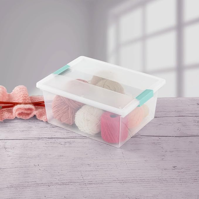 Sterilite Deep Clip Box, Stackable Small Storage Bin with Latching Lid, Plastic Container to Organize Paper, Office, Home, Clear Base and Lid, (Pack of 4)