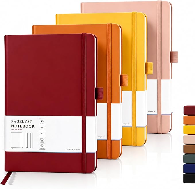 PAGELYST Dotted Journal Notebook, 200 Pages,4 Pack Leather Bullet Journal for Women Men, A5 Medium 5.7'' x 8.3'', 100 GSM Thick Paper for Journaling, Planning, Tracking (Pastel & Bright Set)
