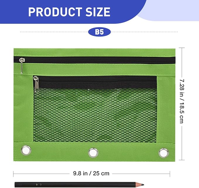 Pencil Pouch for 3 Ring Binder - 3 Hole Zipper Pen Case Bag Holder Bulk Accessories Clear Window Aesthetic Organizer Pockets (Grass Green)