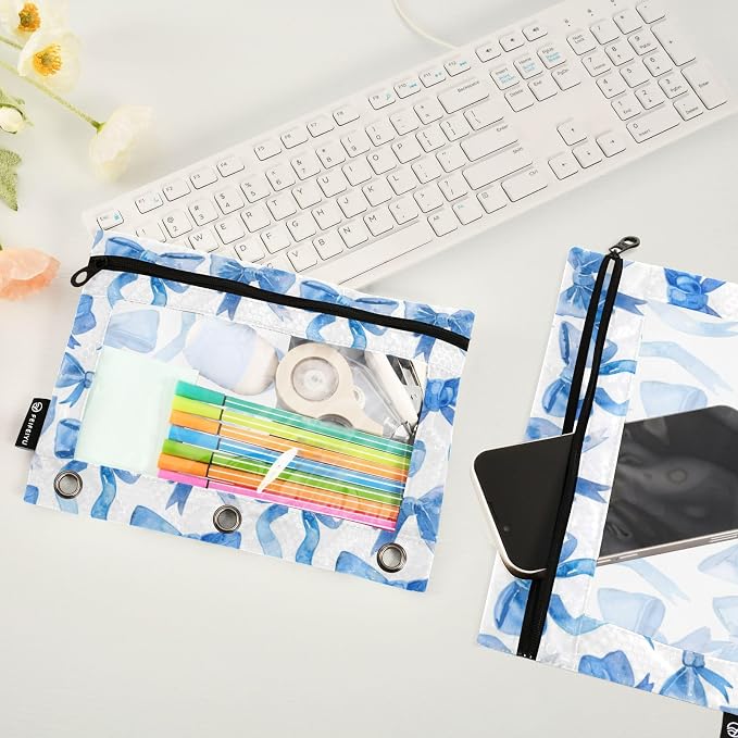 Binder Pencil Pouches Blue Ribbon Bows Watercolor Pen Case | Clear Window 3 Rings, Cosmetic Bags School Office Supplies Cosmetic Makeup Bag 2 Psc