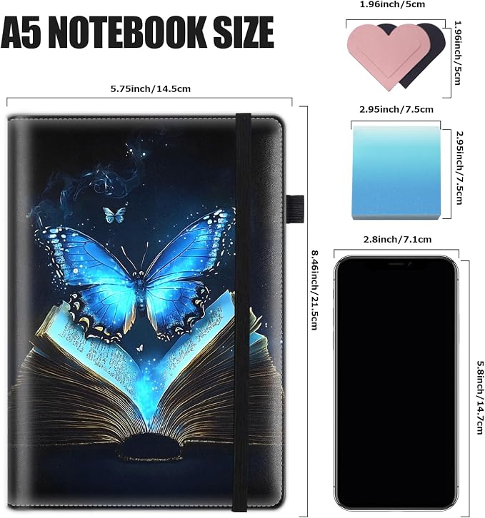 Hardcover Executive Notebooks, A5 PU Leather Lined Journal Notebook, 200 Pages Thick Paper Subject Notebooks for School,Work,Home Writing Business Notebook, Diary Book ，Magic Book Butterfly