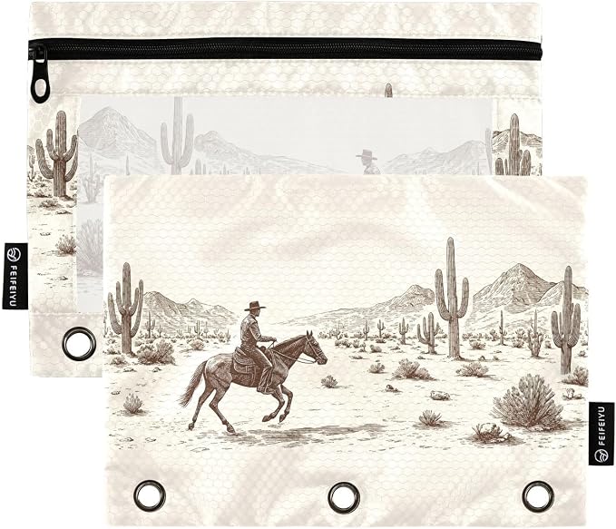 Gredecor Binder Pencil Pouch 3 Ring Wild West Desert Cowboys Zipper Pencil Pouches Case 2 Pack Clear Binder Organizer for School Office