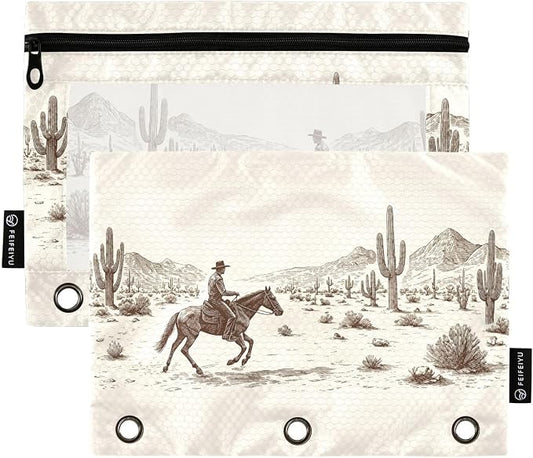 Gredecor Binder Pencil Pouch 3 Ring Wild West Desert Cowboys Zipper Pencil Pouches Case 2 Pack Clear Binder Organizer for School Office