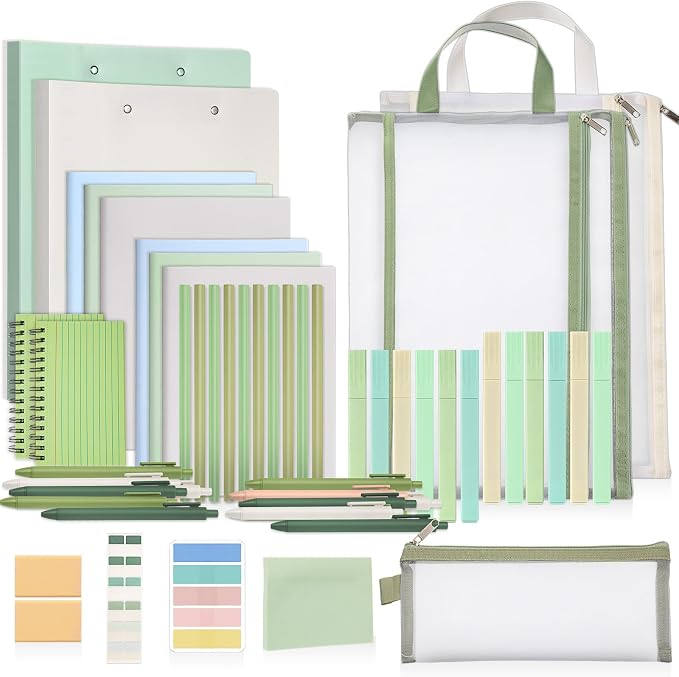 Colarr 54 Pcs Aesthetic College School Supplies Back to School Set,Green | 3 A5 + 3 B5 Lined Notebook, 12 Gel Pen, 12 Pencil, 12 Highlighter, Sticky Tabs, Folder Storage Bag, Journal Stationery Set