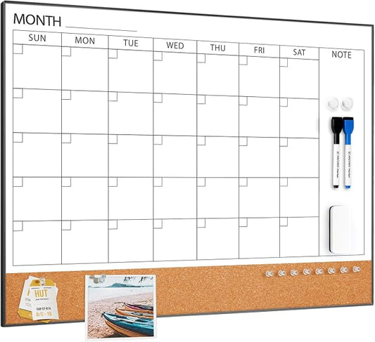 ARCOBIS Dry Erase Calendar with Cork Board for Wall, 24"x 18" Magnetic Calendar Whiteboard with Black Frame, Monthly Combination Board for School, Home, Office