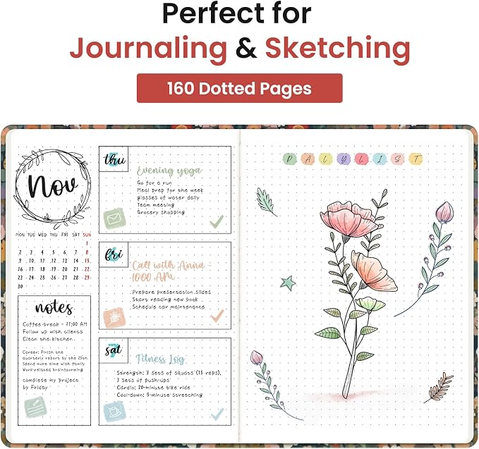 Taja Pretty Dotted Journal for Women, Aesthetic Cute Hardcover Leather Journal for Writing, A5 Journaling Notebook for Work & Sketch, Perfect for Office School Home, 160 Pages, Meadow Flowers