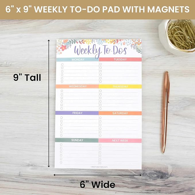 bloom daily planners Undated Weekly Tear-Off To Do List Planning Pad with Magnets - Hanging Notepad Organizer for Fridge - 6” x 9” - Floral Dots