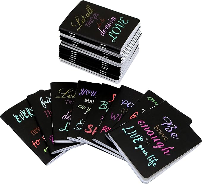 YYaaloa 48pcs Mini Notepads Black Inspirational Pocket Notebooks, Happy Journal Small Notebooks Bulk for Party Office Home Coworkers Travel Gift Present Supplies (48pcs-8styles, Black Inspirational)