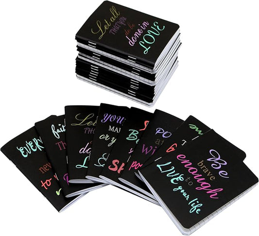 YYaaloa 48pcs Mini Notepads Black Inspirational Pocket Notebooks, Happy Journal Small Notebooks Bulk for Party Office Home Coworkers Travel Gift Present Supplies (48pcs-8styles, Black Inspirational)