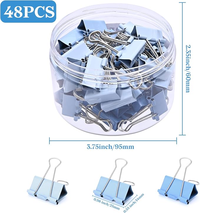 Temiary Aesthetic Binder Clips, Medium Metal Binder Clip with Clear Storage Container, Binding Paperwork Clamps for School Teachers Office Supplies (Blue 0.98 Inch, 48P)