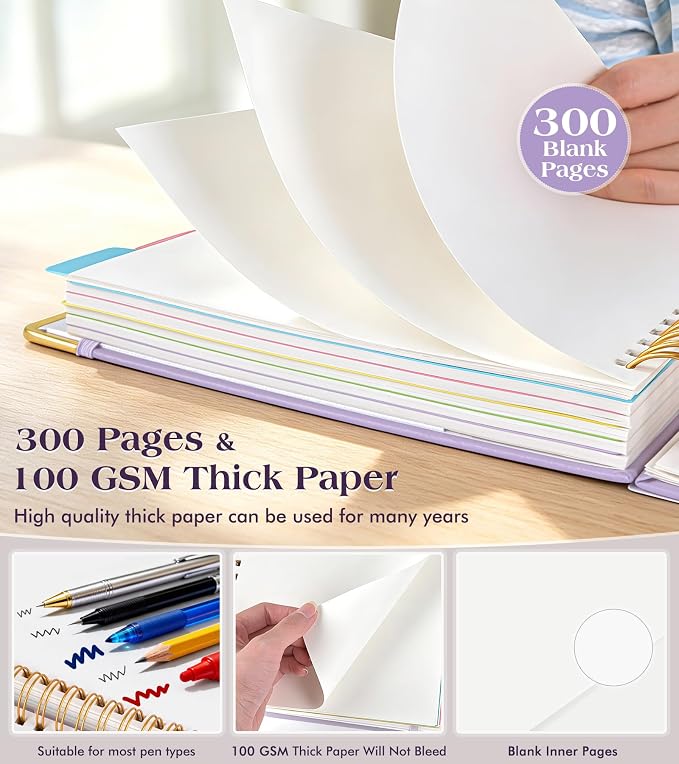 5 Subject Blank Notebook with Removable Dividers Tabs, 300 Pages Hardcover Leather Sketch Book Spiral Journal, 8"x10" B5 Large Sketchbook Notebooks for Women Men Work School Sketching Drawing, Purple