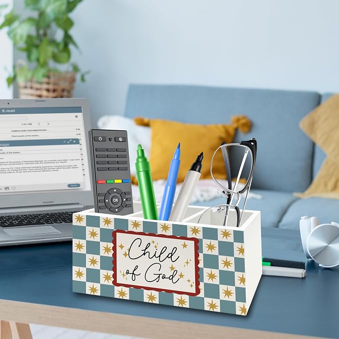 Christian Kids Pen Pencil Holder Organizer for Desk, Retro Blue Checkered Bible Verse Wooden Box Signs Decorations for Boys Girls Room Bedroom Desk Tabletop, Christian Gifts for Kids