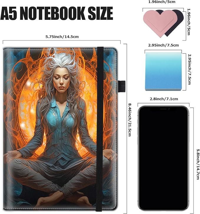 Hardcover Executive Notebooks, A5 PU Leather Lined Journal Notebook, 200 Pages Thick Paper Subject Notebooks for School,Work,Home Writing Business Notebook, Diary Book ， Meditation Girl