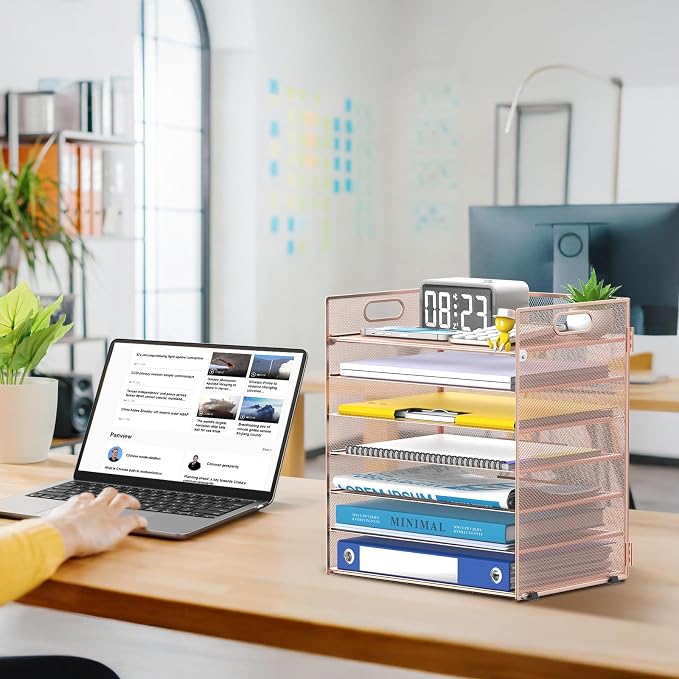 7 Tier Paper Organizer for Desk with Letter Trays and Handle Rose Gold | Desk File Organizer with Handle for Sorting Papers, Files, Folders, Mail, Bills and Office Supplies
