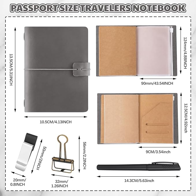 Thenshop Travelers Refillable Leather Journal Notebook Travel Diary Handmade Passport Travelers Journal for Men and Women with 3 Notebook Inserts, Pen Holder, Binder Clip(Gray,Passport Size)