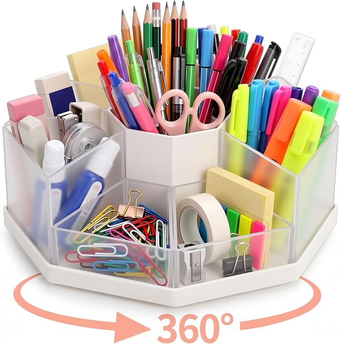 Pajean Rotating Desk Organizer Caddy with 9 Compartments Detachable Rotating Pencil Pen Holders for Desk, 9 Slots 360 Degree Desktop Stationery Art Supplies Makeup Storage Organizer Gift(Transparent)