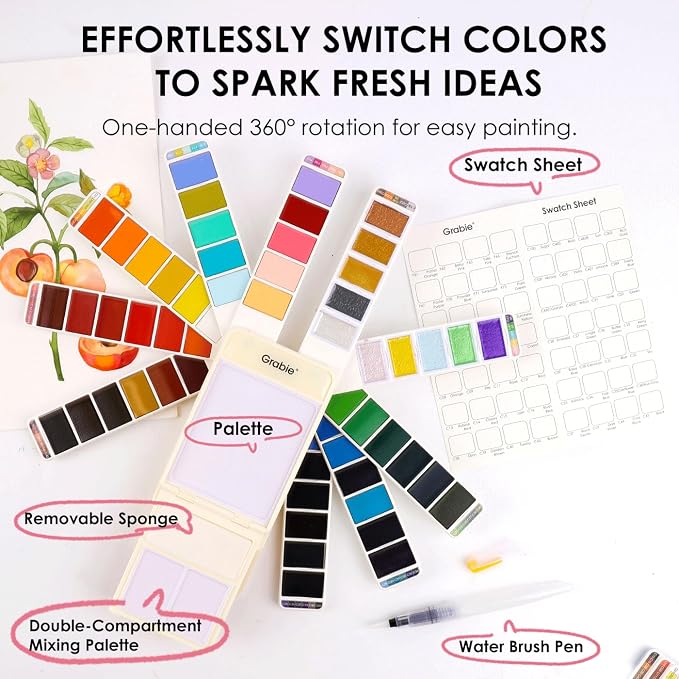 Grabie Watercolor Paint Set, Pack of 56 Colors Handheld Watercolor Set of Water Brush Pen, Palette and Removable Sponge, Portable Watercolor Paint for Artist Beginner and Professional