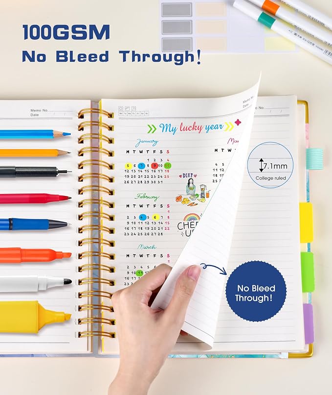 Hardcover Spiral Notebook journal with Removable Dividers Tabs, 300 Pages 5 Subject Notebook College Ruled, 100GMS Notebooks for Work School Note taking,Lined Journal for Women,A5 Pink Blue Marble