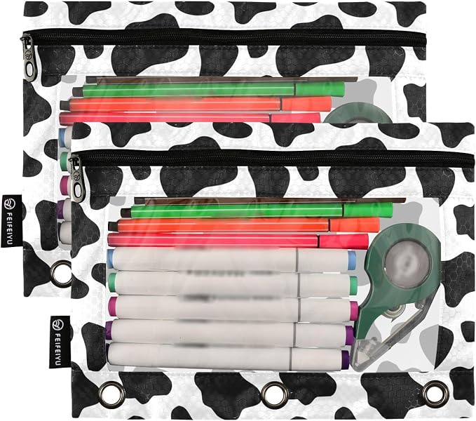 ALAZA Custom Personalized Your Name Pencil Pouch for 3 Ring Binder, Black and White Cow Print Binder Pencil Pouches with Clear Window Zipper Pencil Case Cosmetic Bags for Office College Supplies, 2PCS