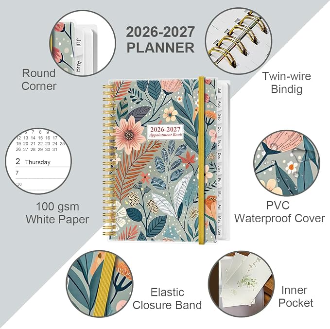 2026-2027 Appointment Book & Planner - 2026-2027 Daily Hourly Planner from July 2026 - June 2027, Weekly Appointment Book with 30-Minute Interval, Medium 6.4" x 8.5", Flower-A