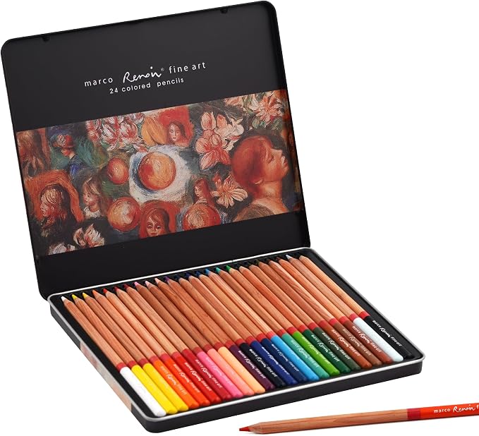 Oil-based Colored Pencils 3.7mm Thick Core, Unbreakable, Great Color Rendering, Iron Box Packed, for Artists & Art Lovers (Renoir 3100 Series - 24 Colors)