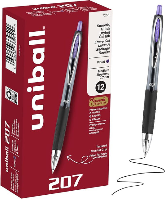 uniball™ 207 Gel Pens, Violet Ink, 0.7mm Medium Point, 12 Count | Retractable, Smooth Writing, Fraud-Resistant, uni Super Ink™