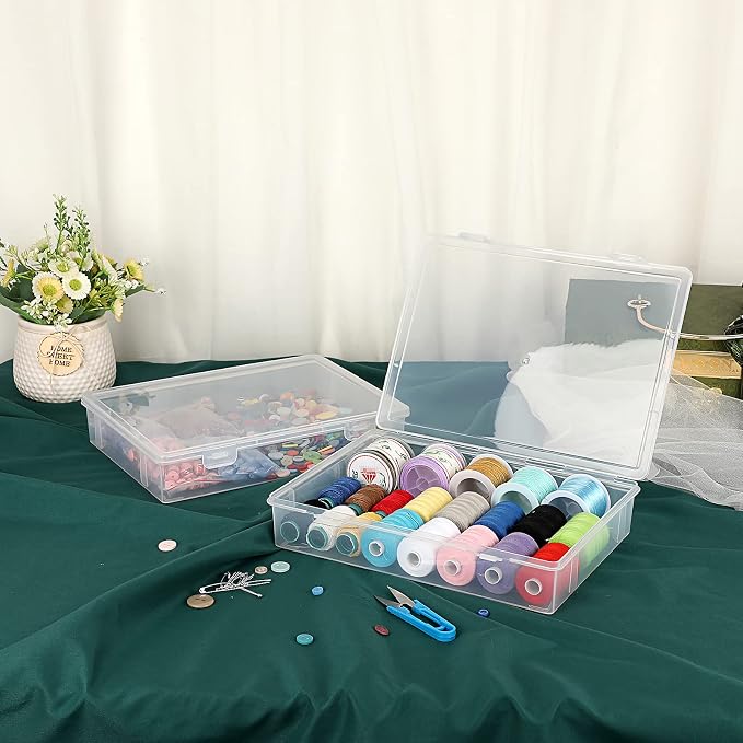 BTSKY Clear Plastic Storage Box with Flap Lid, Multipurpose Craft Organizers and Storage Box Art Supply Storage Organizer Plastic Sewing Box for Beads Pencils Notebooks, 2 Pack Medium