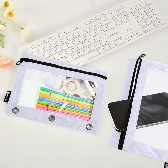 Gredecor Binder Pencil Pouch 3 Ring Lavender Purple Zipper Pencil Pouches Case 2 Pack Clear Binder Organizer for School Office